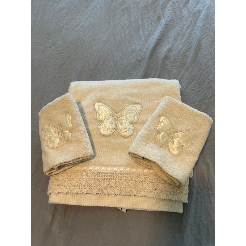 Saturday‎ Knight Ltd Ivory Butterfly Embroidered Lace Trim Towel Set 3pc Vintage